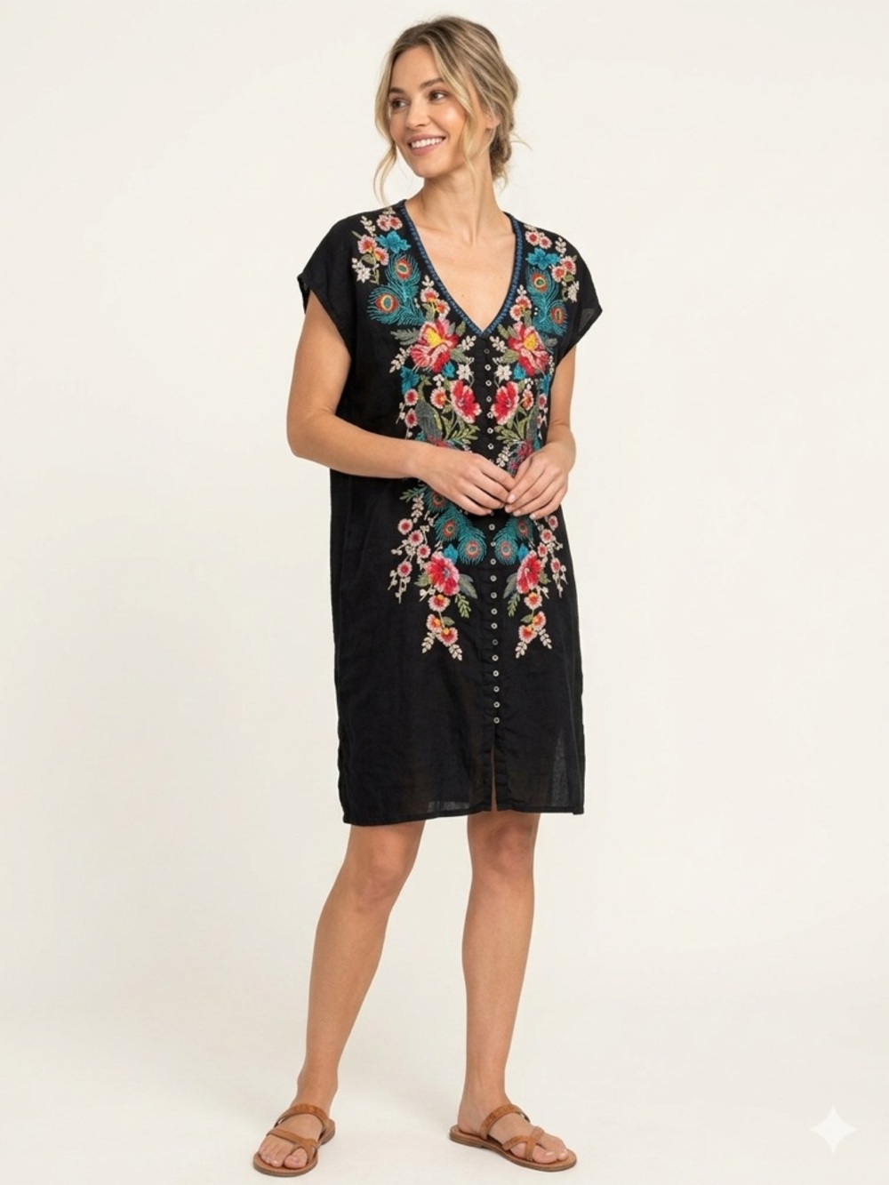 Johnny Was Black Embroidered V-Neck Shift Dress with Floral Accents